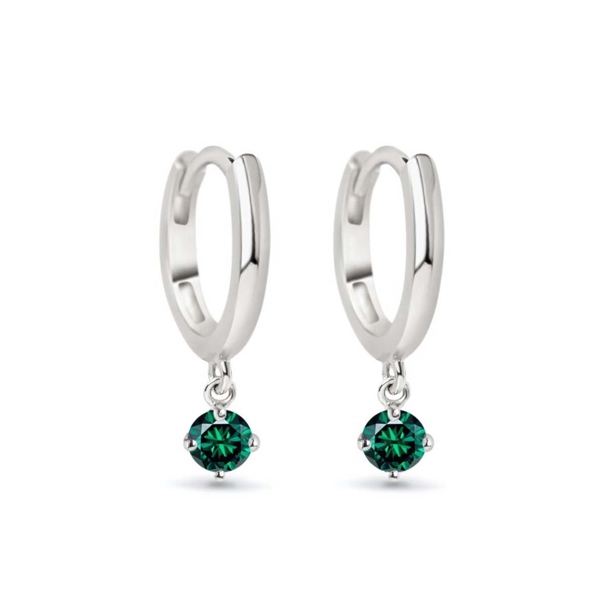 14K white gold huggie hoops with a round green emerald drop, on a white background