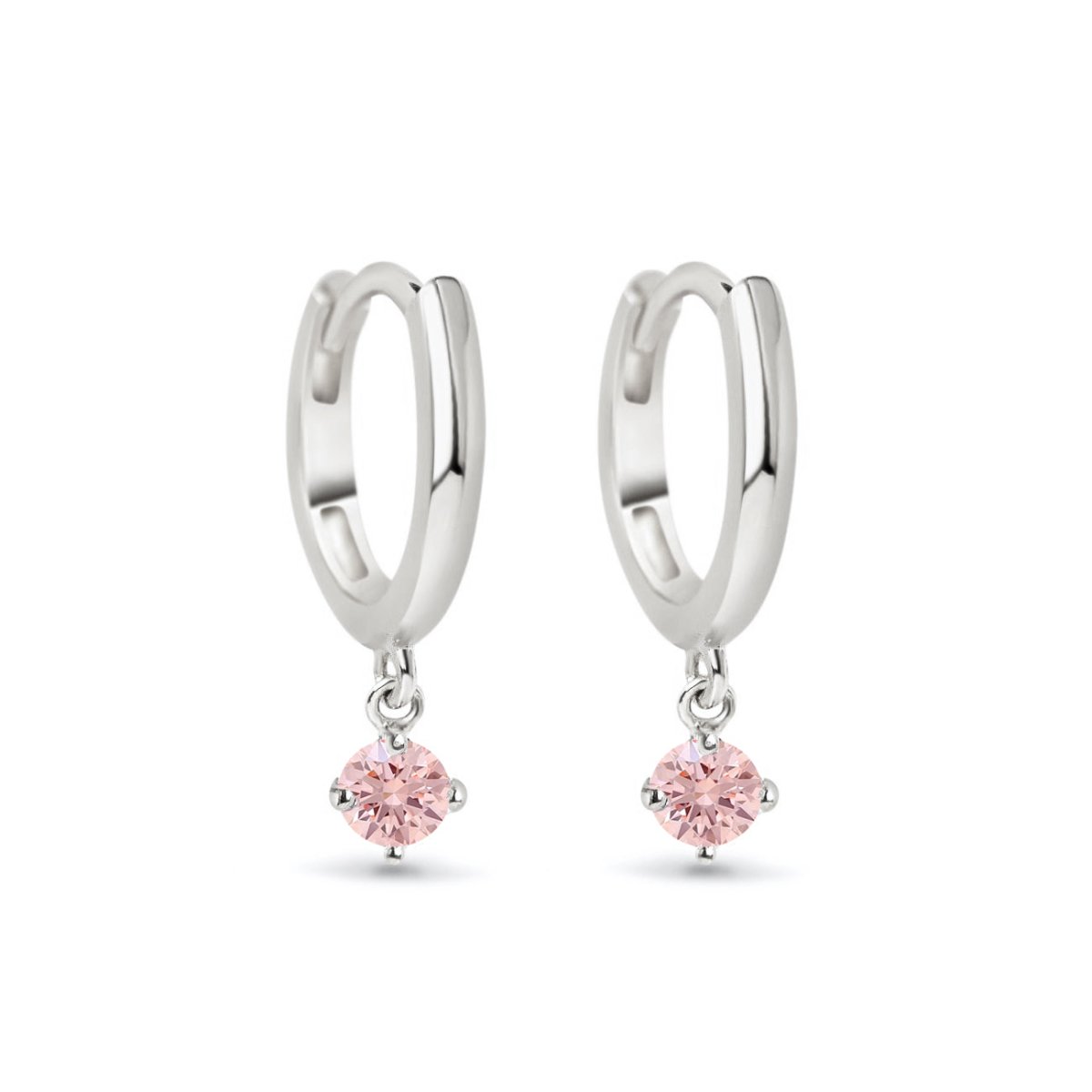 14K white gold huggie hoops with a round pink sapphire drop, on a white background