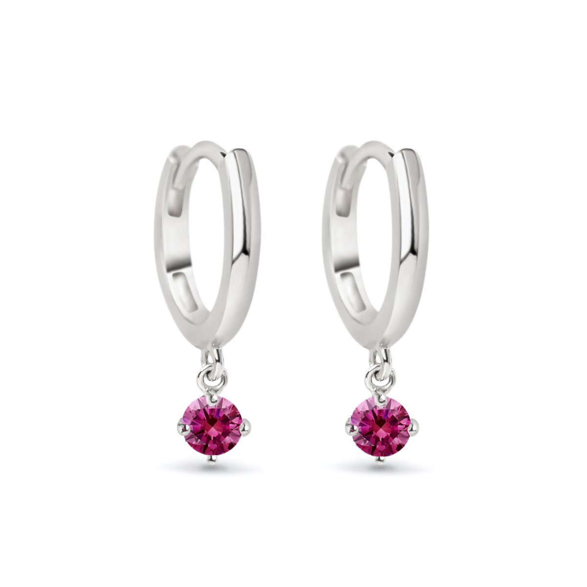 14K white gold huggie hoops with a round red ruby drop, on a white background