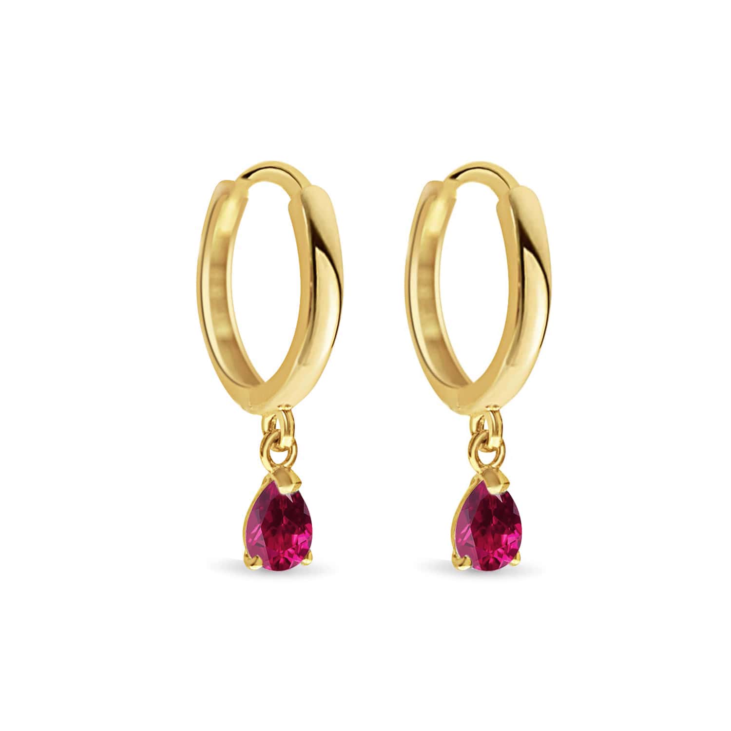 14K gold huggie hoops with pear-shaped red ruby drops, on a white background