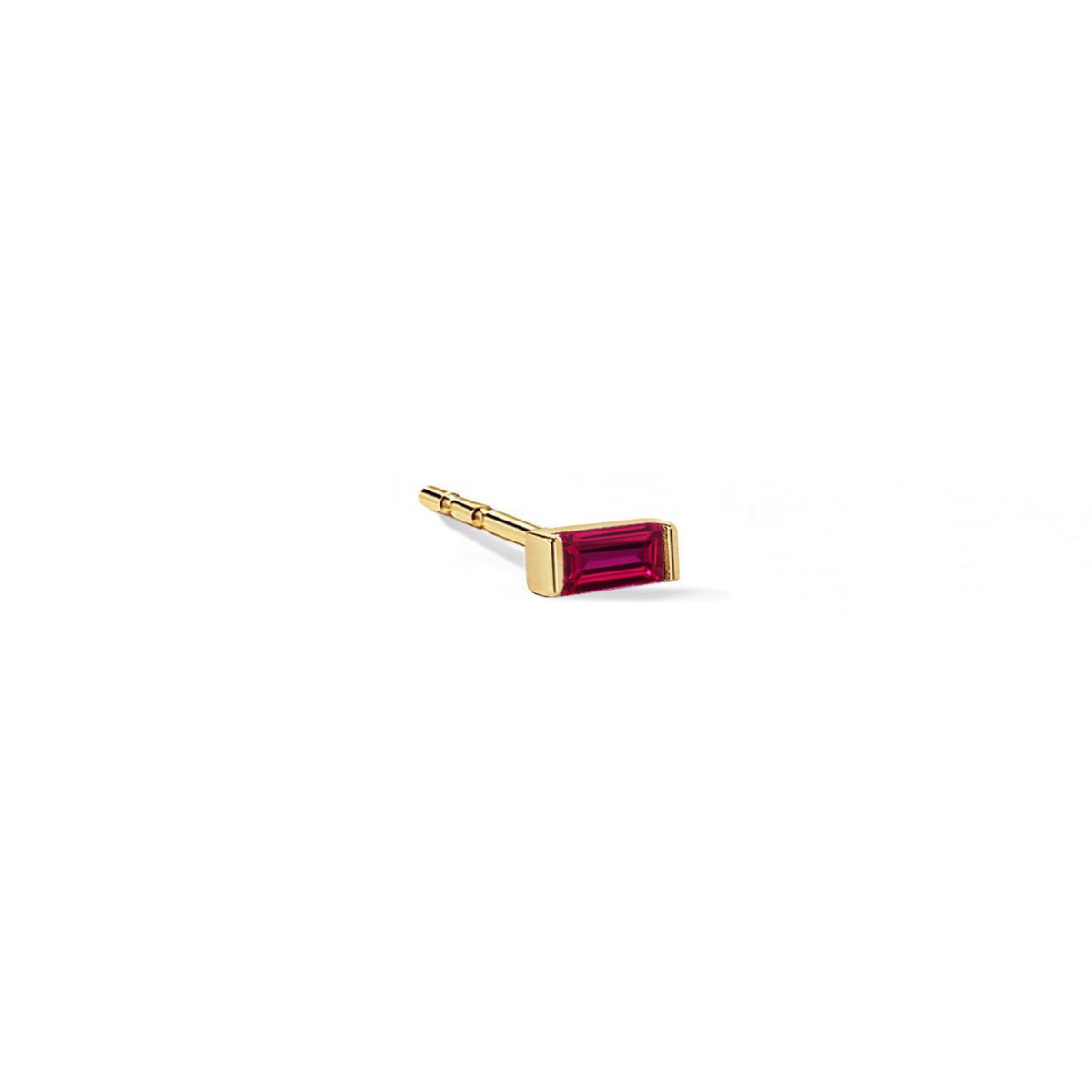 14K gold single baguette stud with a ruby, on a white background