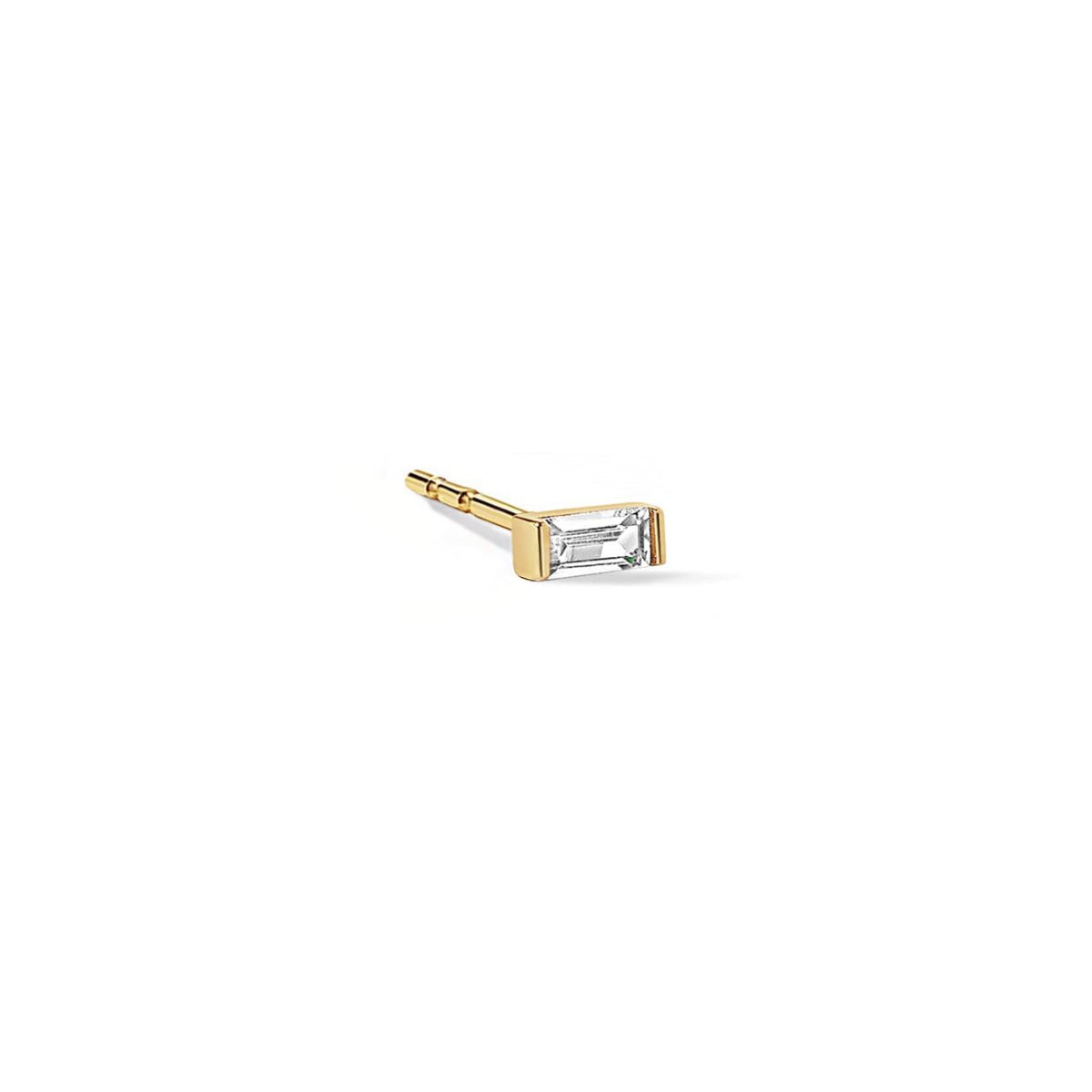 14K gold single baguette stud with a clear white zirconia stone, on a white background