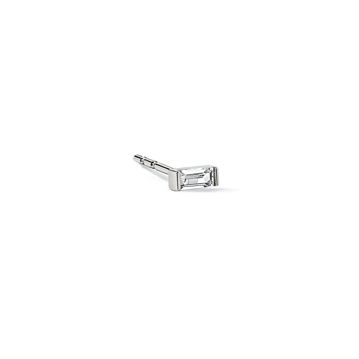 14K white gold single baguette stud with a clear stone, on a white background