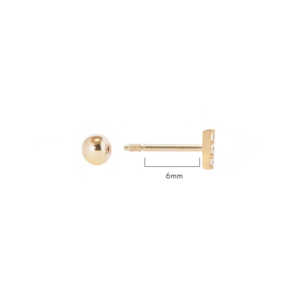 14K gold pavé bar single stud with white zirconia and screw back, close-up showing 6mm post