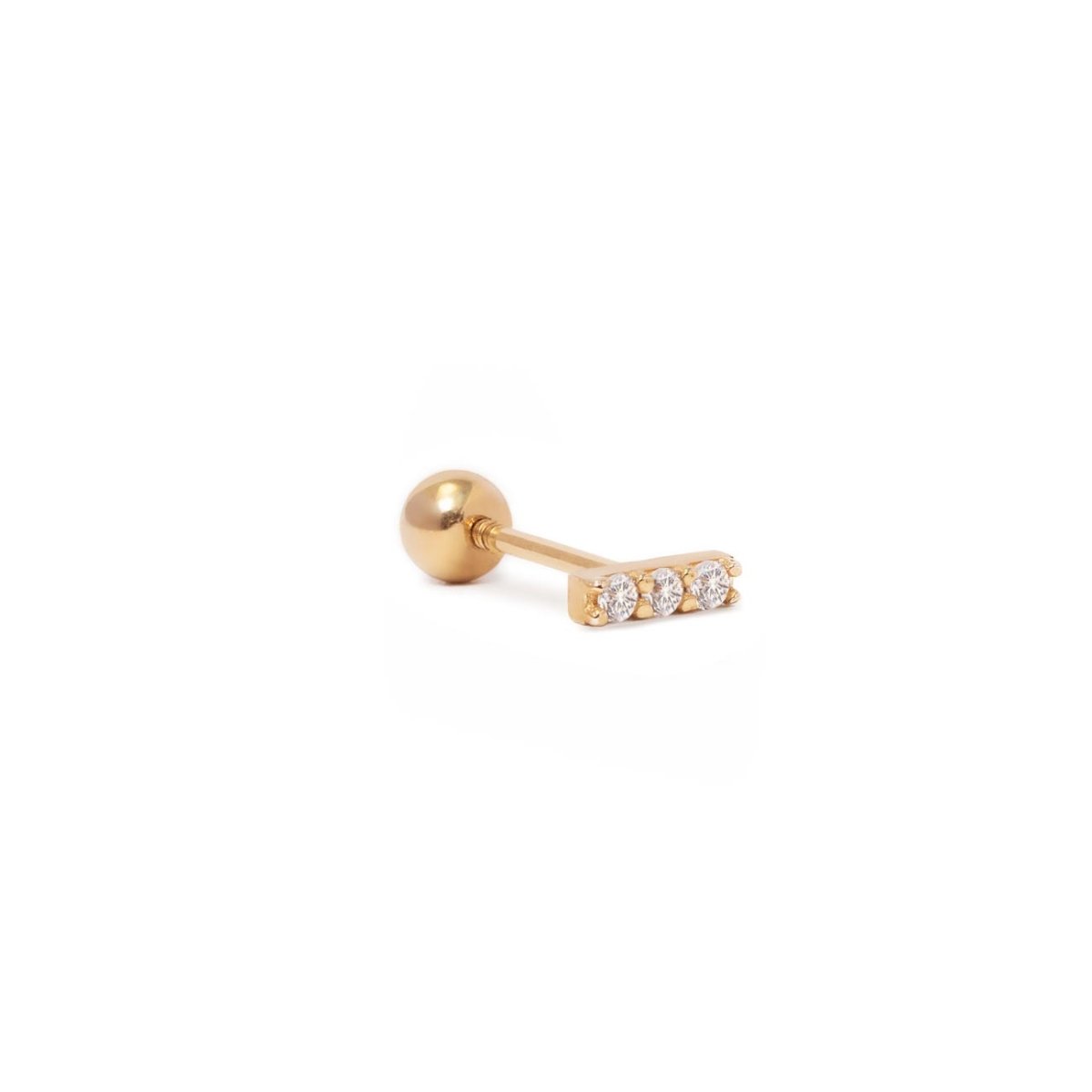 14K gold pavé bar single stud with three white zirconia stones and screw back, on a white background
