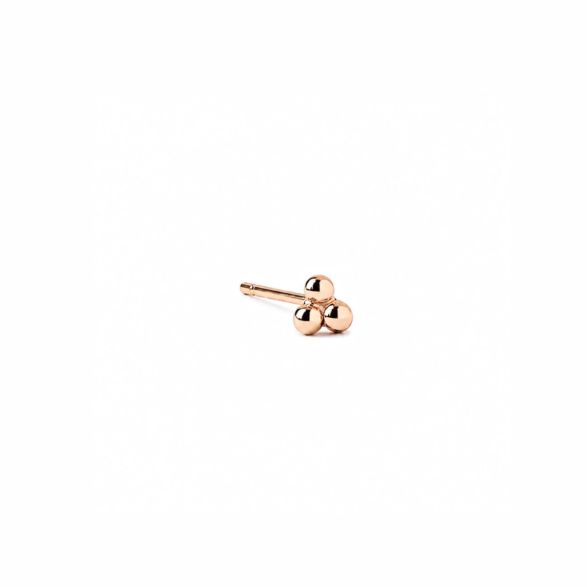 14K rose gold tiny trinity ball stud earrings, on a white background