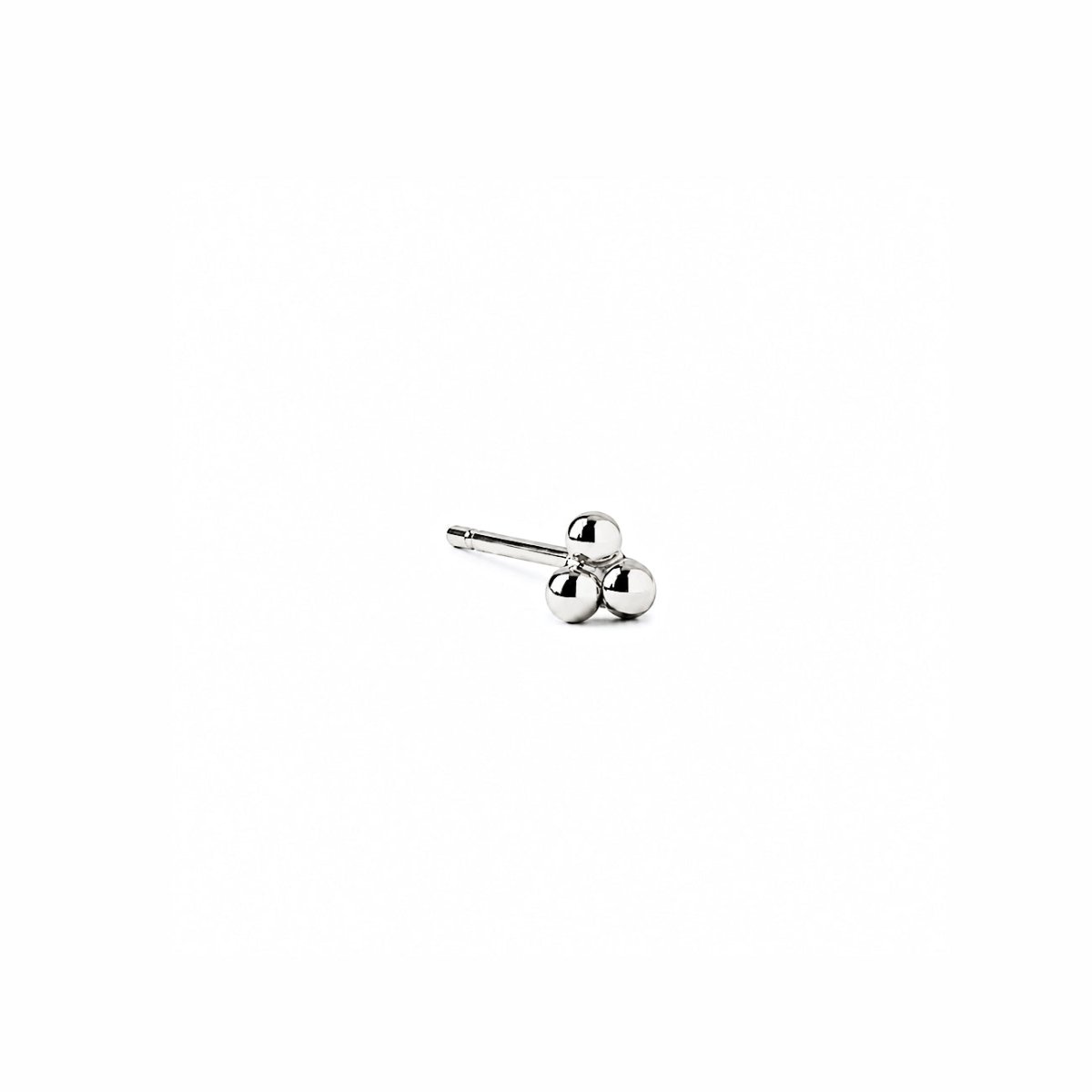 14K white gold tiny trinity ball stud earrings, on a white background