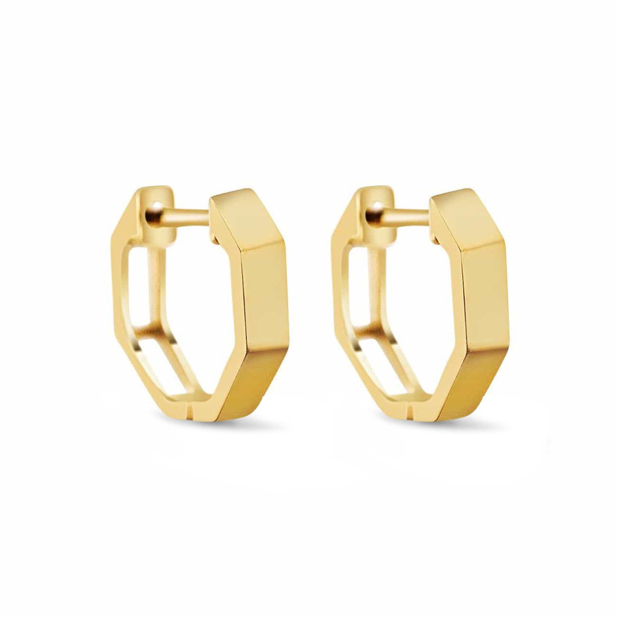 Pair of 14K gold octagon huggie hoops with an open faceted design, on a white background