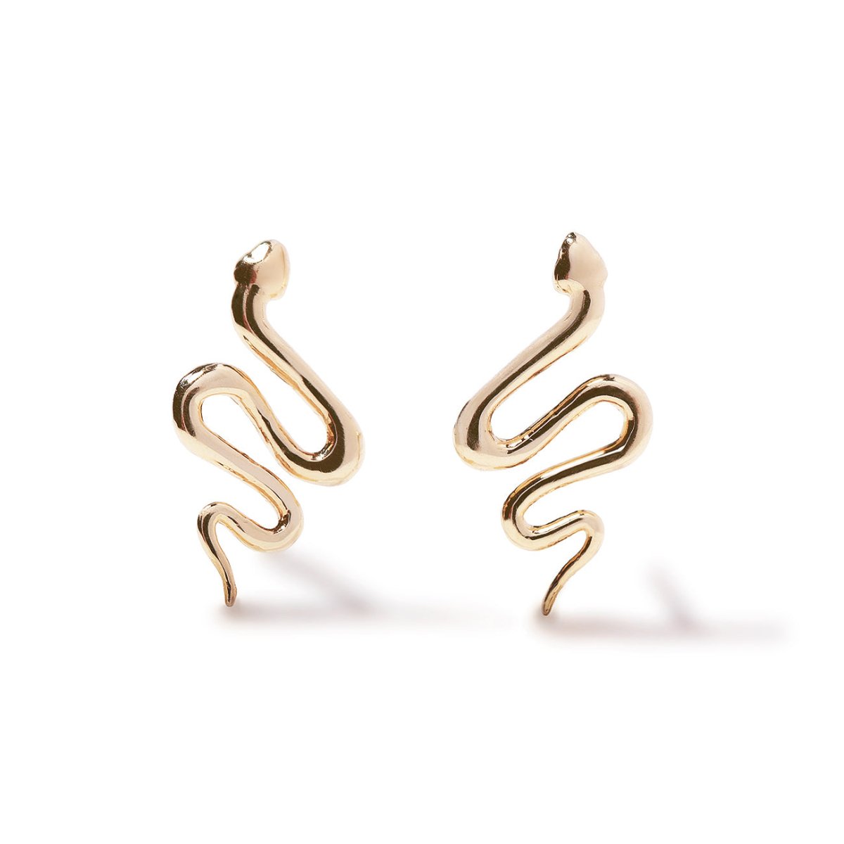 Pair of 14K gold serpent stud earrings shaped like coiled snakes, on a white background