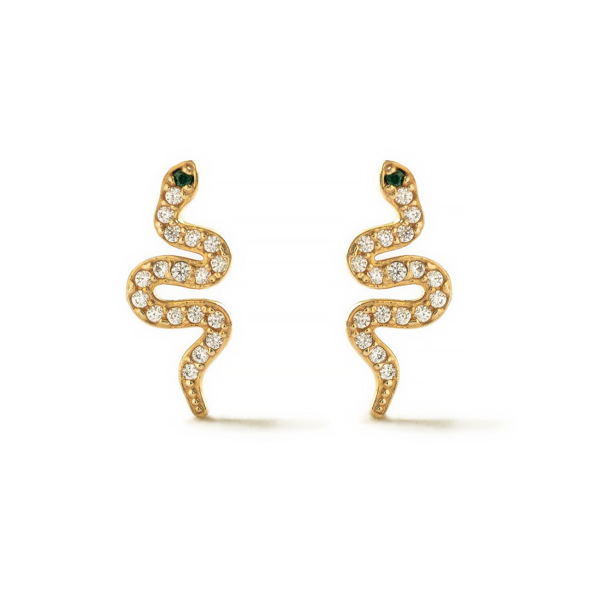 14K gold snake studs pavé-set with clear zirconia and green stone eyes, on a white background