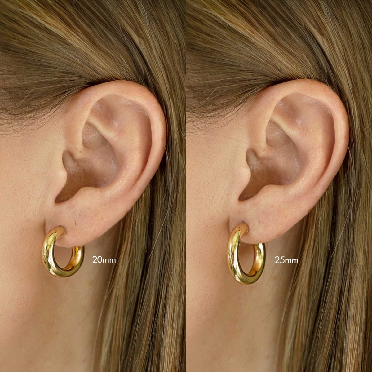 14K gold thick chunky hoop earrings with a hinged latch back, on a white background
