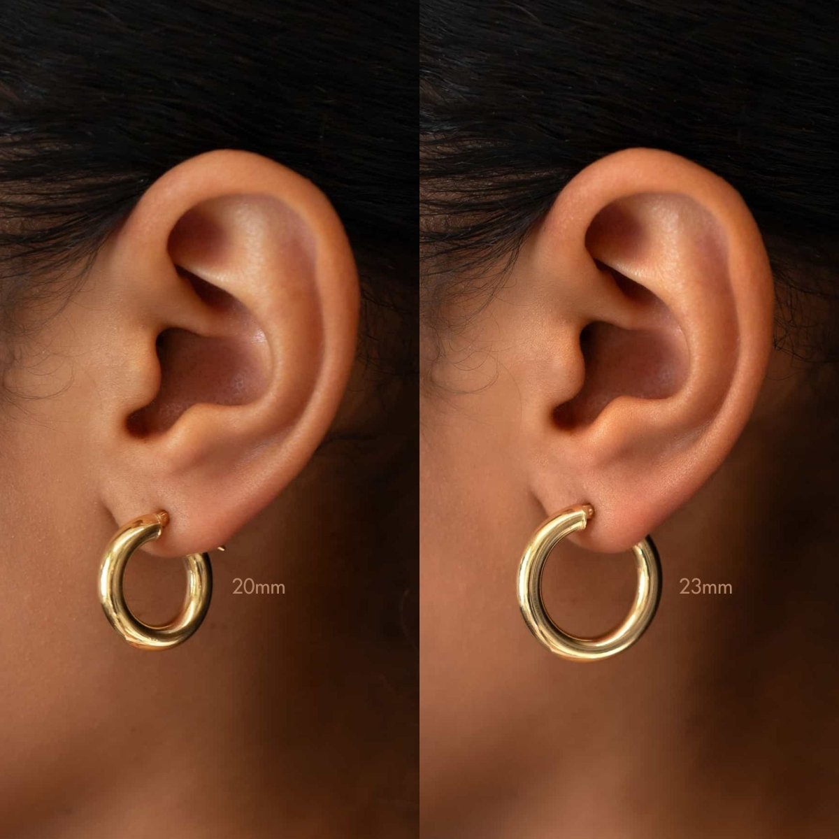 14K gold thick chunky latch-back hoop earrings, size comparison at 20mm and 23mm on a model's lobe