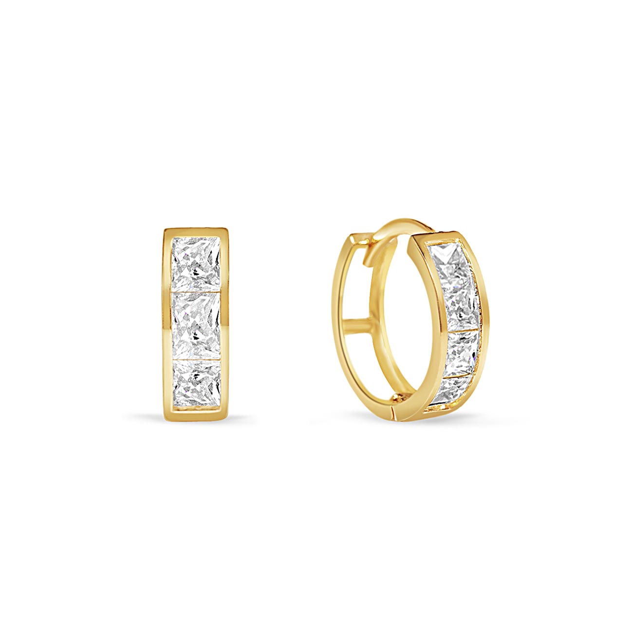 Gold vermeil princess-cut huggie hoops channel-set with clear white zirconia, on a white background