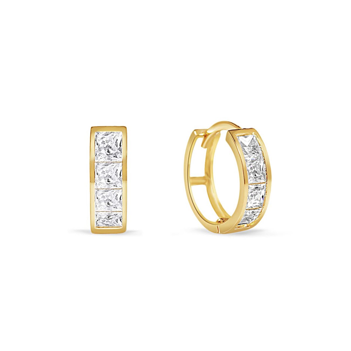 14K gold princess-cut huggie hoops set with clear white zirconia, on a white background