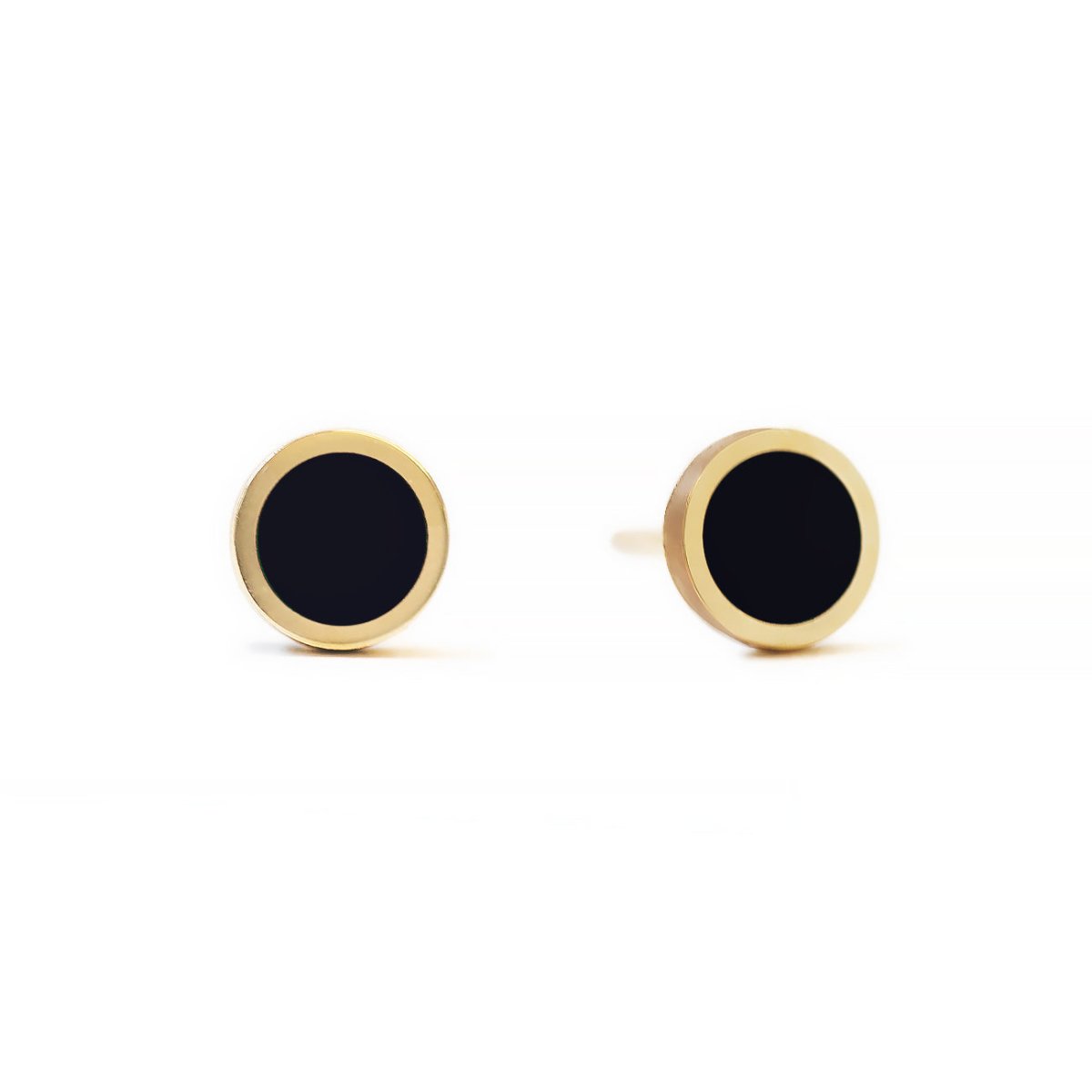 14K gold round bezel studs with black onyx inlay, on a white background