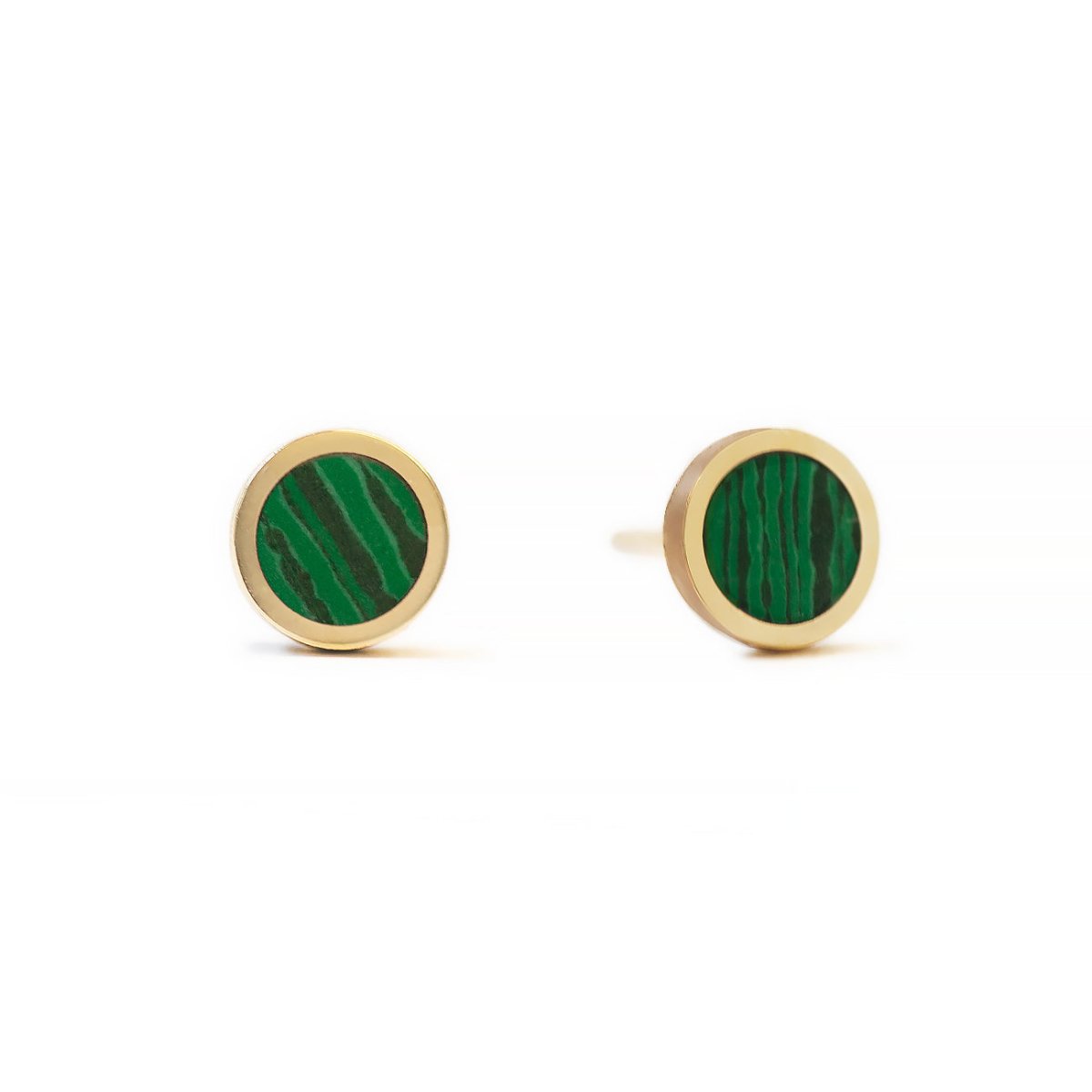 Pair of 14K gold round studs with green striped malachite stones, on a white background