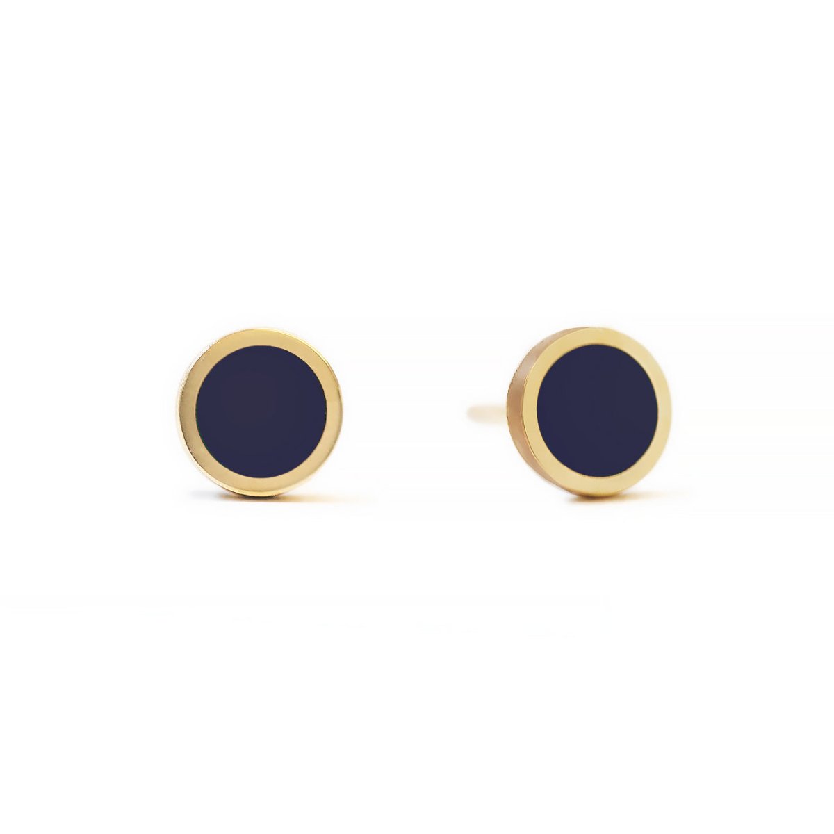 Pair of 14K gold round studs with deep blue lapis lazuli stones, on a white background