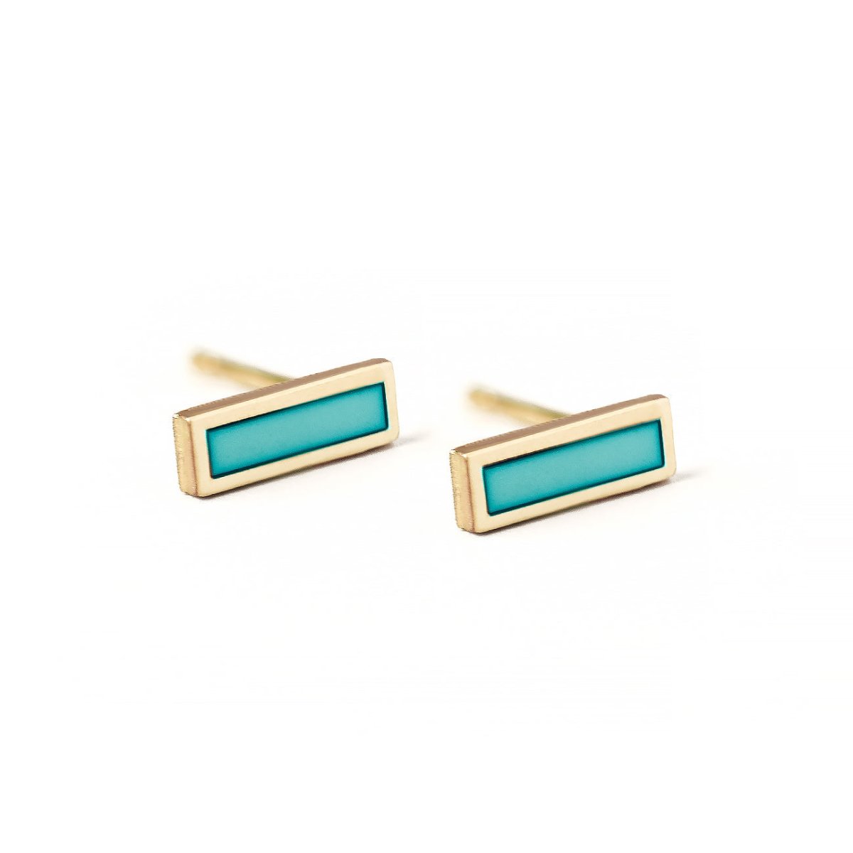 14K gold rectangular bar studs with turquoise inlay, on a white background