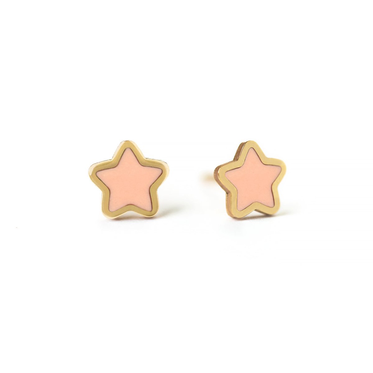 Pair of 14K gold star studs with pale pink rose quartz centers, on a white background