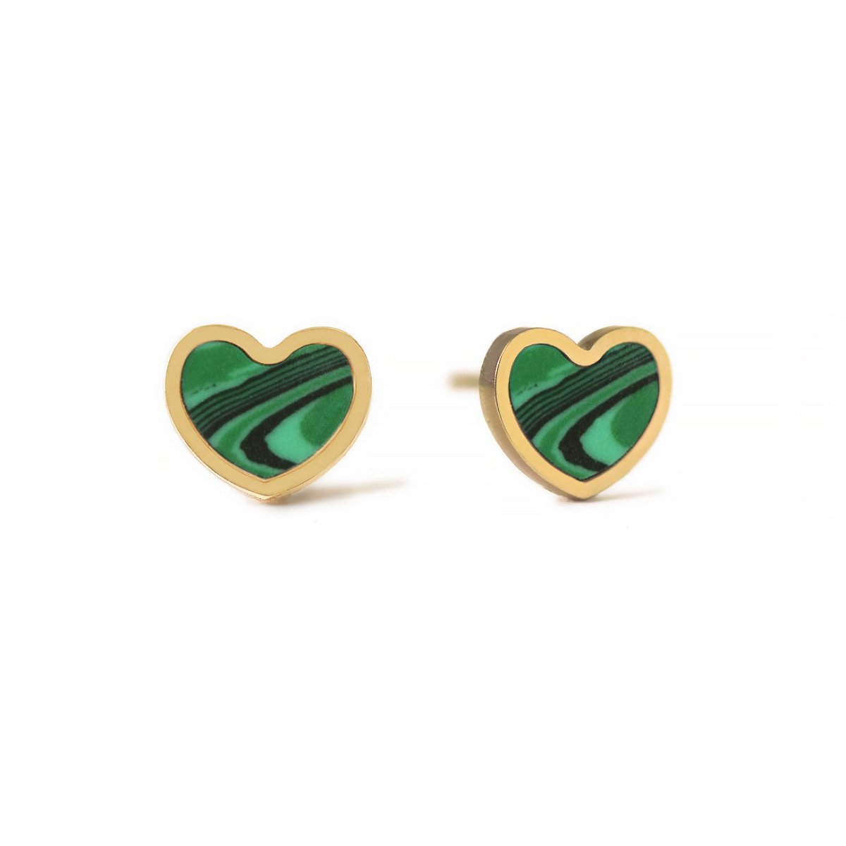 Pair of 14K gold heart studs with green malachite inlay, on a white background