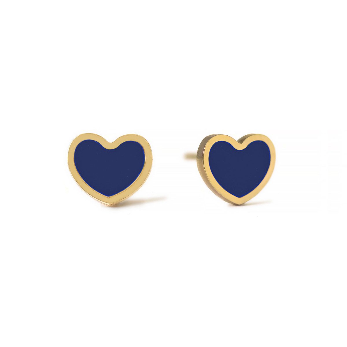 Pair of 14K gold heart stud earrings with blue lapis lazuli inlay, on a white background