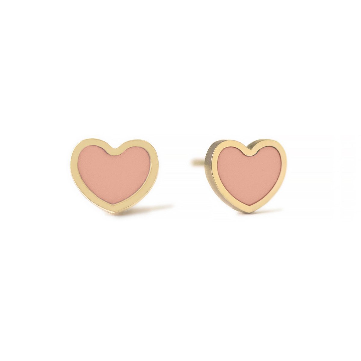 Pair of 14K gold heart studs with pink rose quartz centers, on a white background