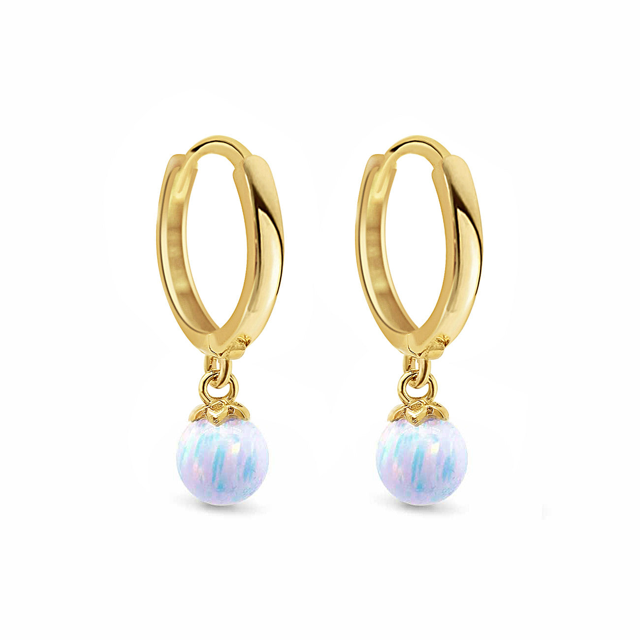 14K gold huggie hoops with dangling light blue opal beads, on a white background