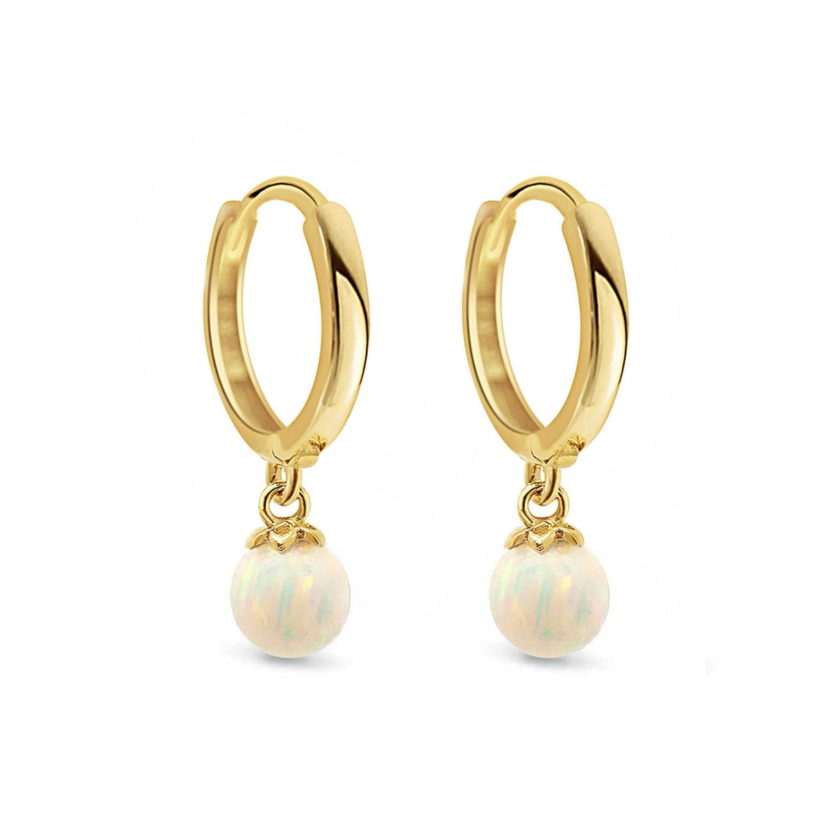 14K gold huggie hoops with dangling white opal beads, on a white background