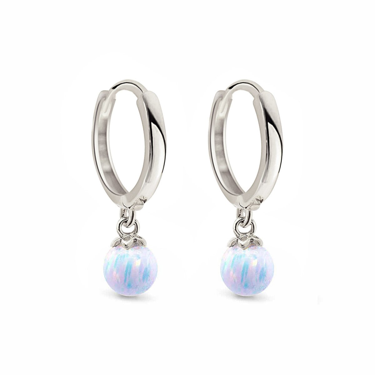 14K white gold huggie hoops with dangling light blue opal beads, on a white background