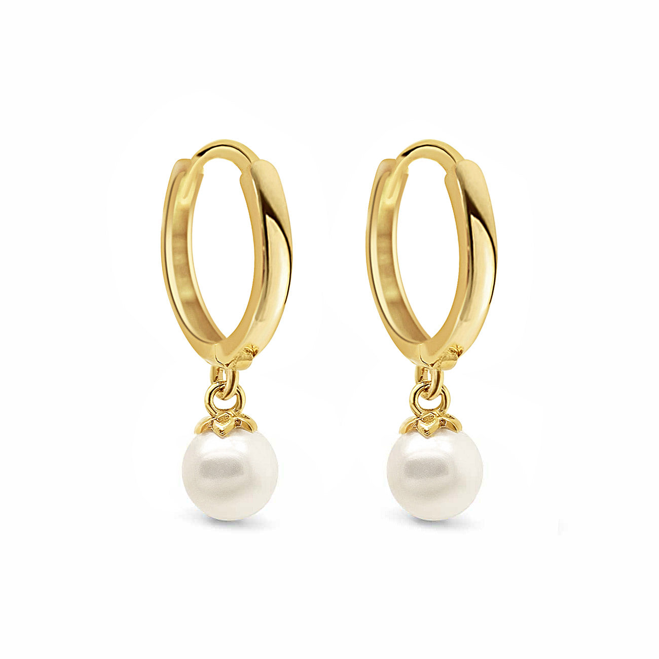 14K gold huggie hoop earrings with a dangling pearl drop, on a white background
