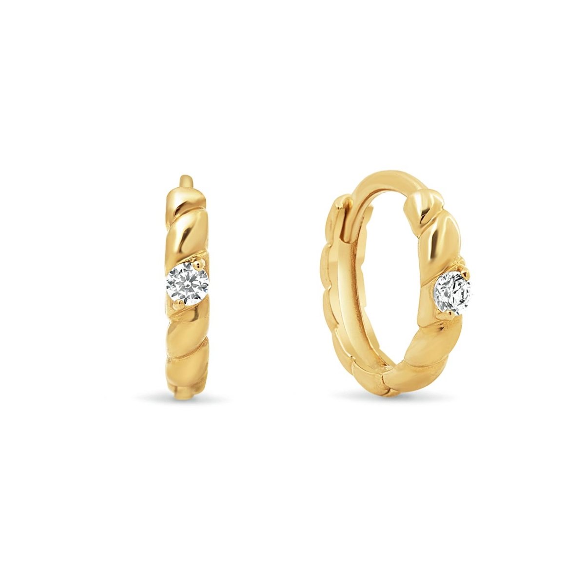 14K gold rope twist huggie hoops with a single clear stone, on a white background