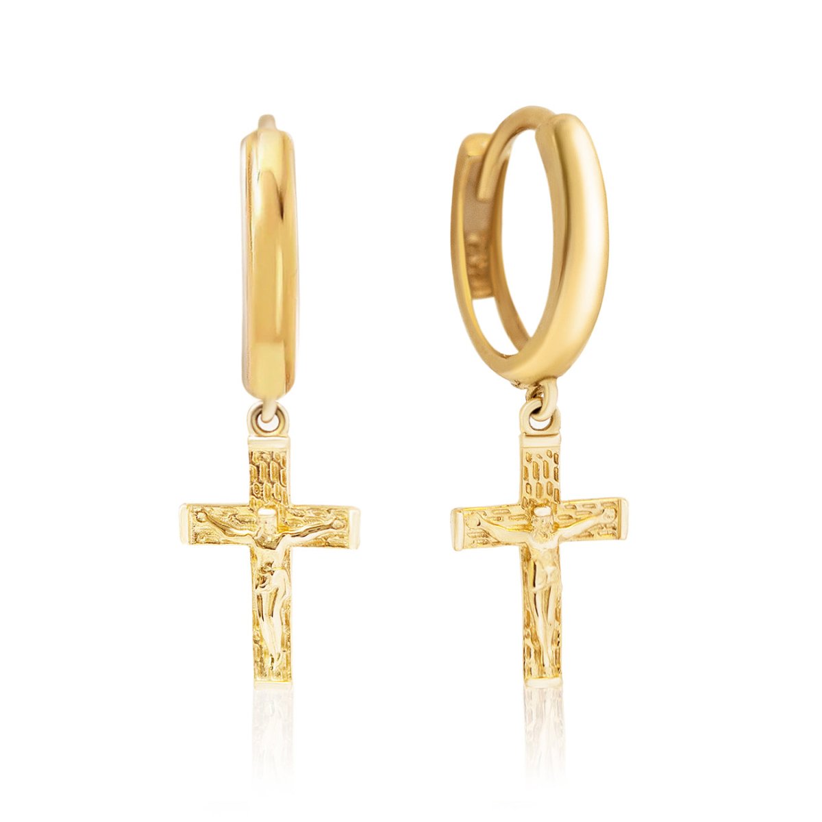 14K gold huggie hoops with dangling textured crucifix cross charms, on a white background