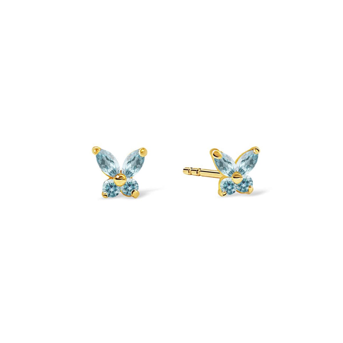 14K gold aquamarine butterfly studs with light blue stones, on a white background