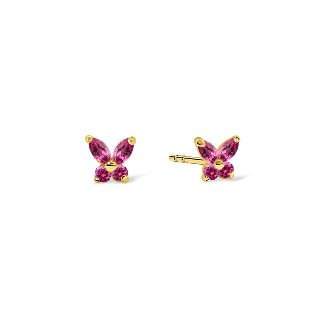 14K gold ruby butterfly studs with deep pink-red stones, on a white background