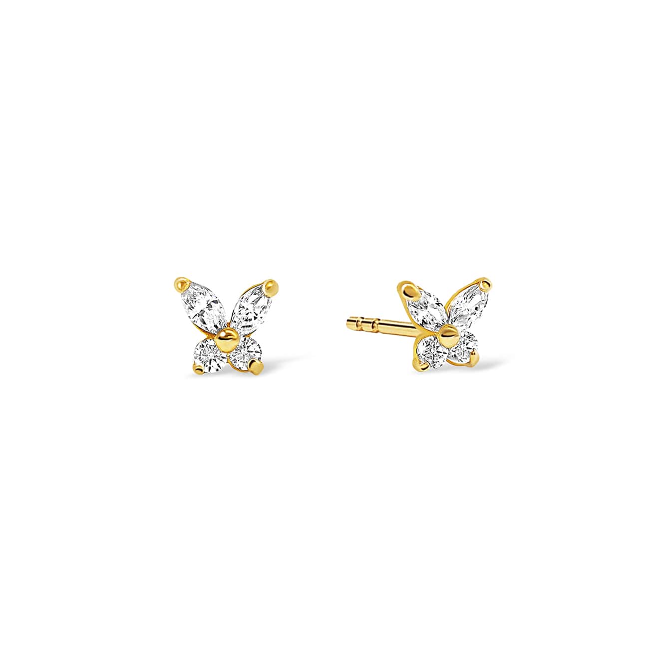 Pair of 14K gold butterfly studs with clear marquise stones, on a white background