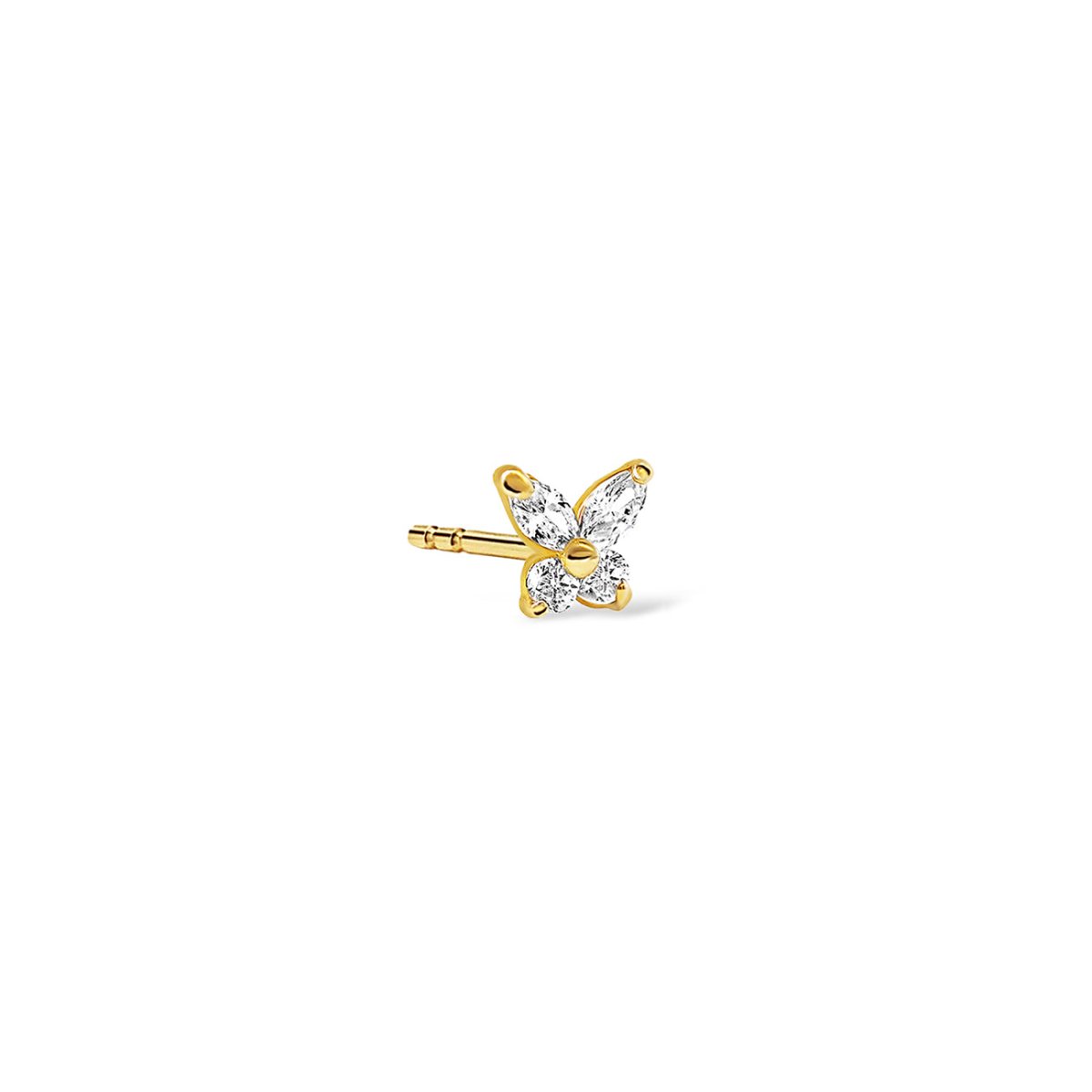 14K gold butterfly flat back stud with clear marquise stones, on a white background