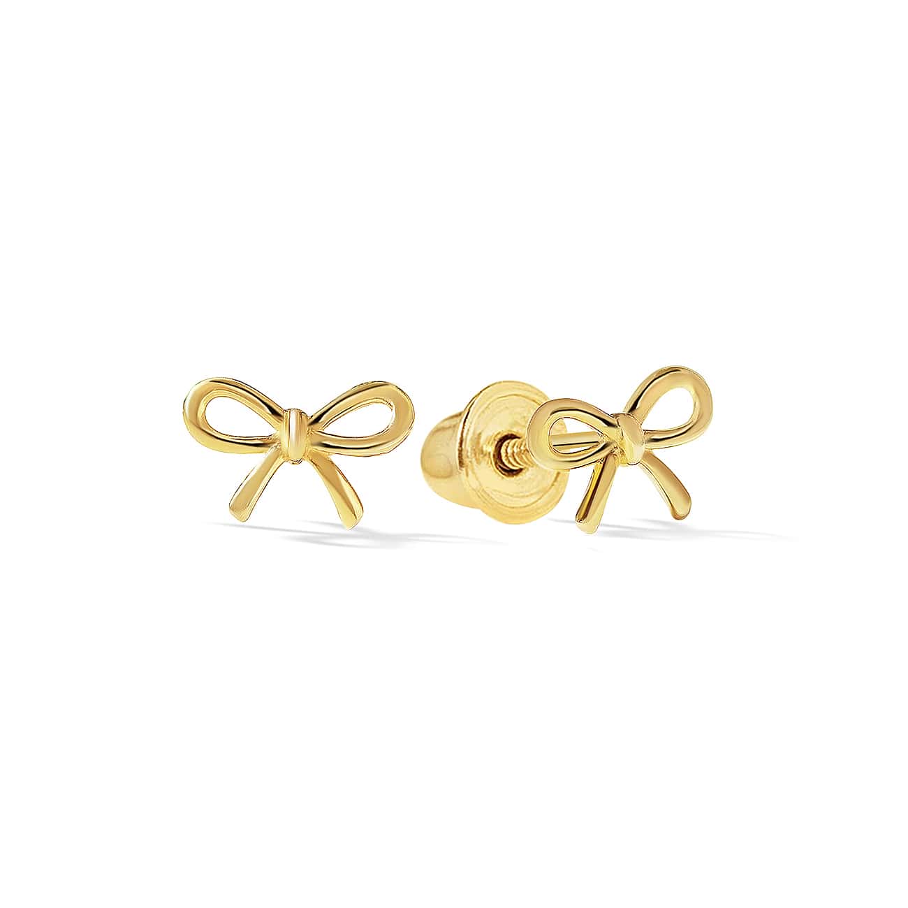 14K gold bow stud earrings shaped like ribbon knots, on a white background
