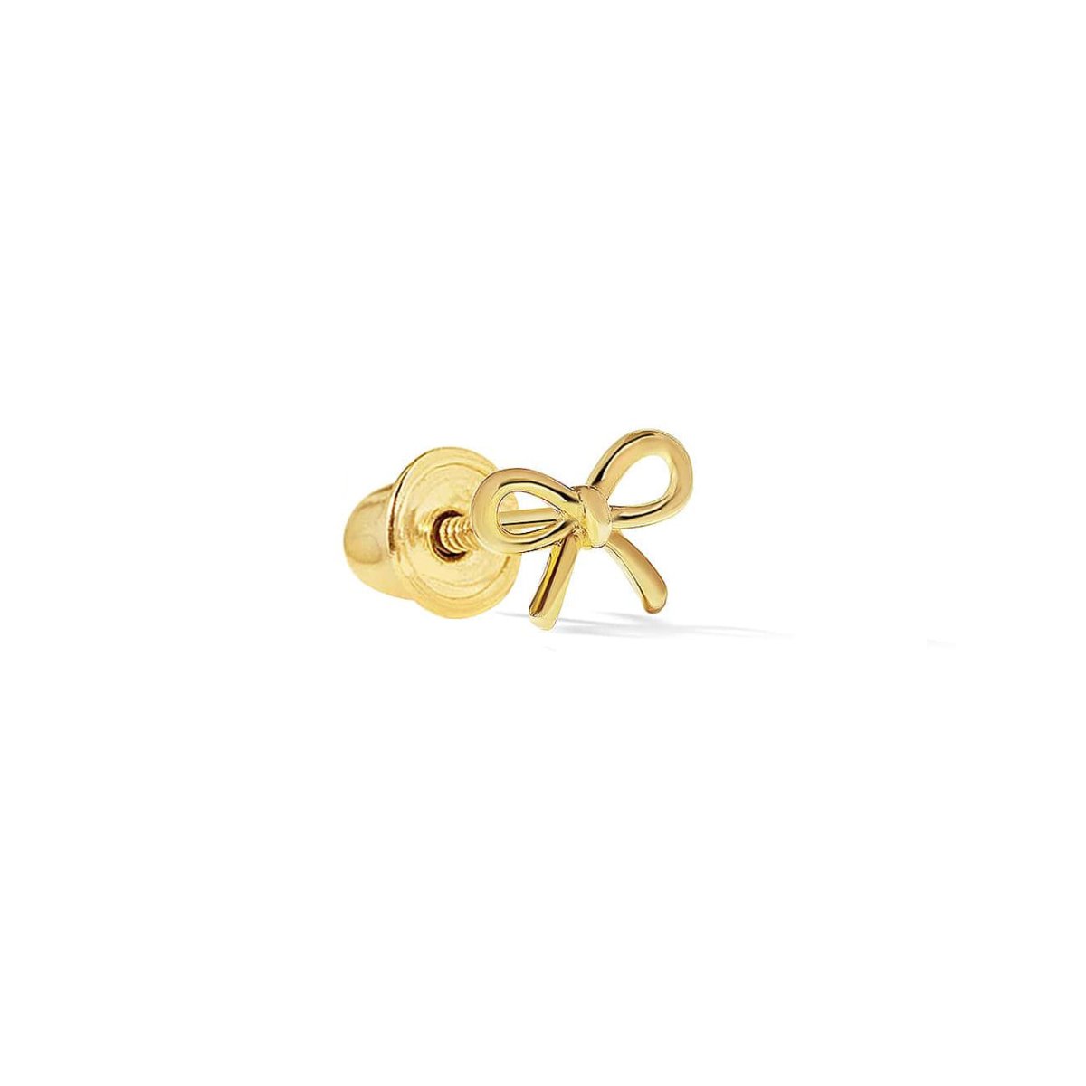 14K gold tiny bow single stud with a screw back, on a white background