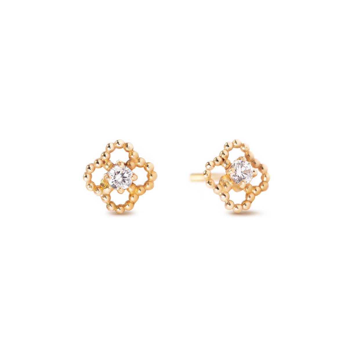 14K gold flora stud earrings with a beaded outline and clear zirconia centers, on a white background