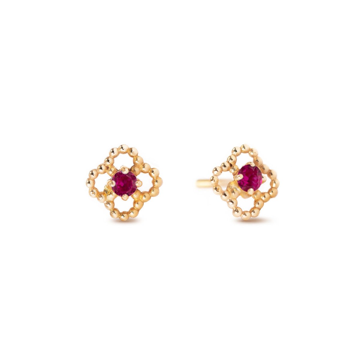 14K gold flora stud earrings with a beaded outline and red ruby centers, on a white background