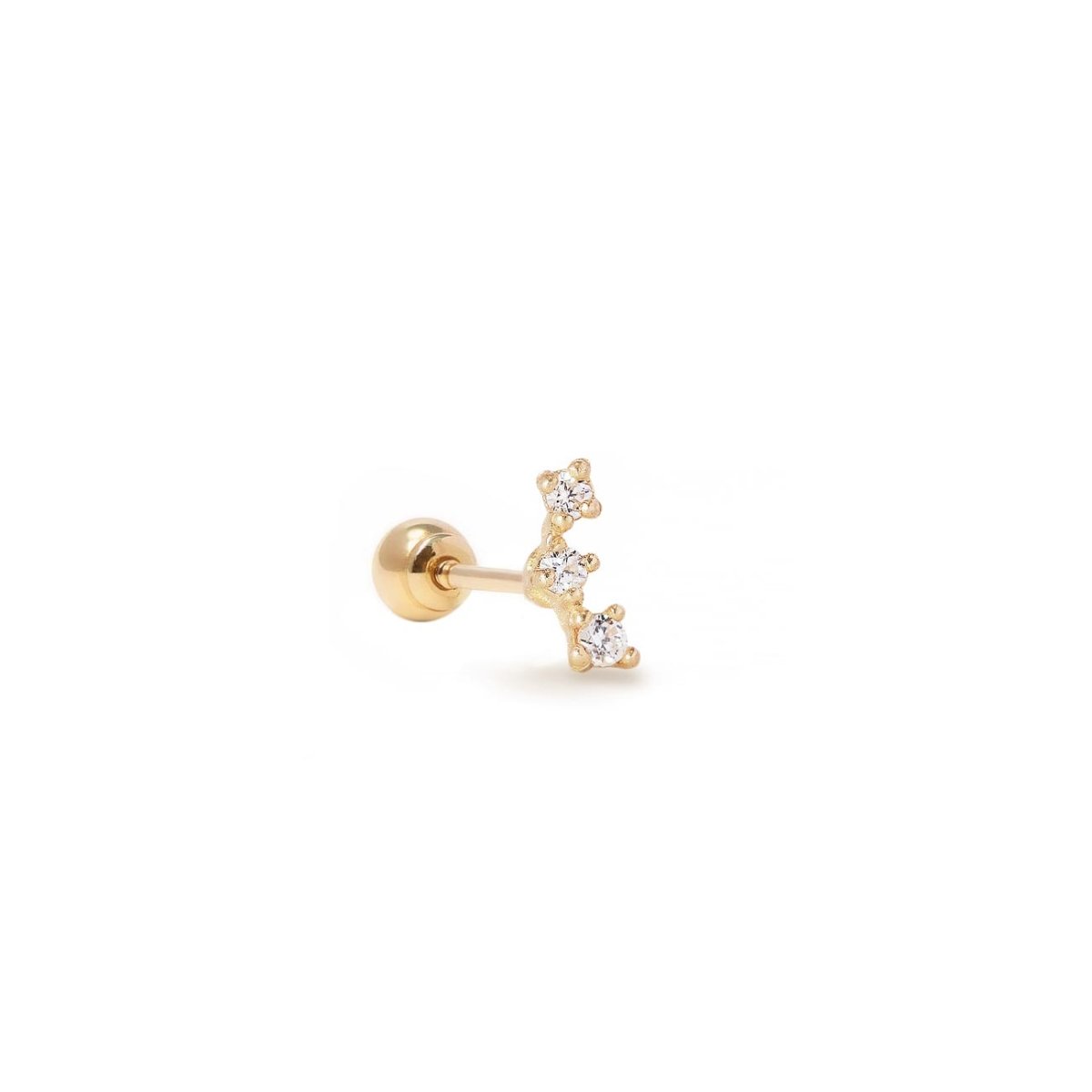 14K gold curved pavé stud with three graduated clear stones and a screw back, on a white background