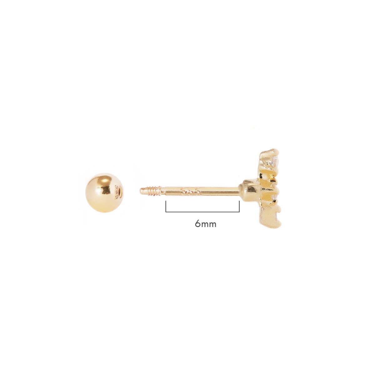 14K gold curved pavé stud with a 6mm screw-back post, side view on a white background