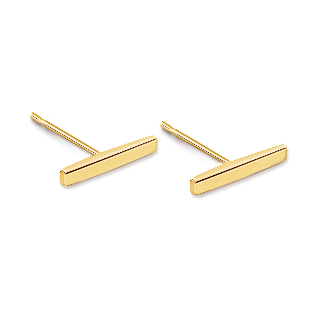 14K gold bar stud earrings with a polished flat bar and post backs, on a white background