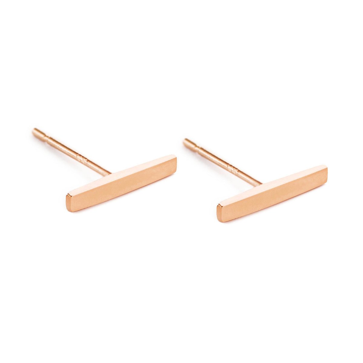 14K rose gold bar stud earrings with slim polished bars and post backs, on a white background