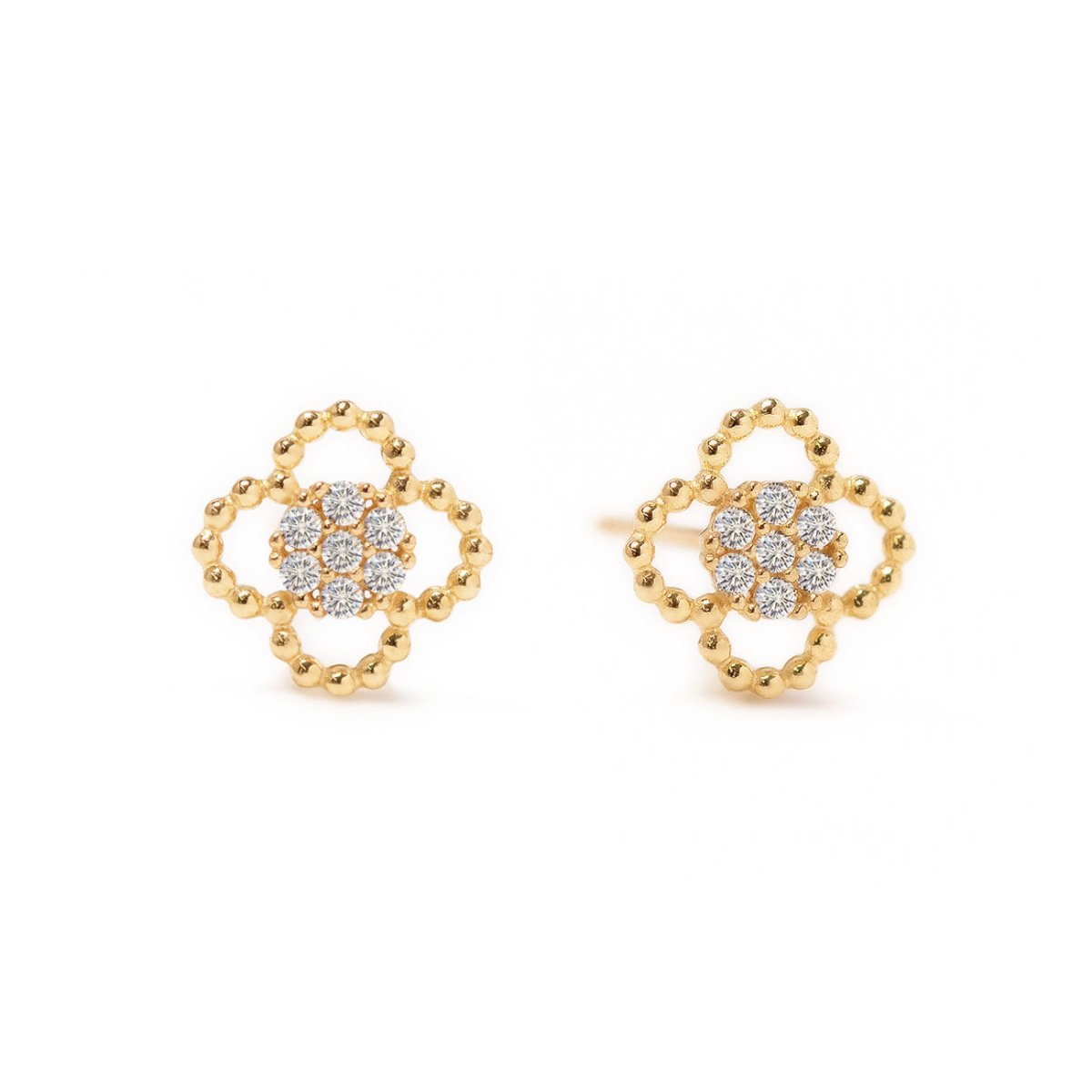 14K gold pavé clover flower studs with beaded openwork frames, on a white background