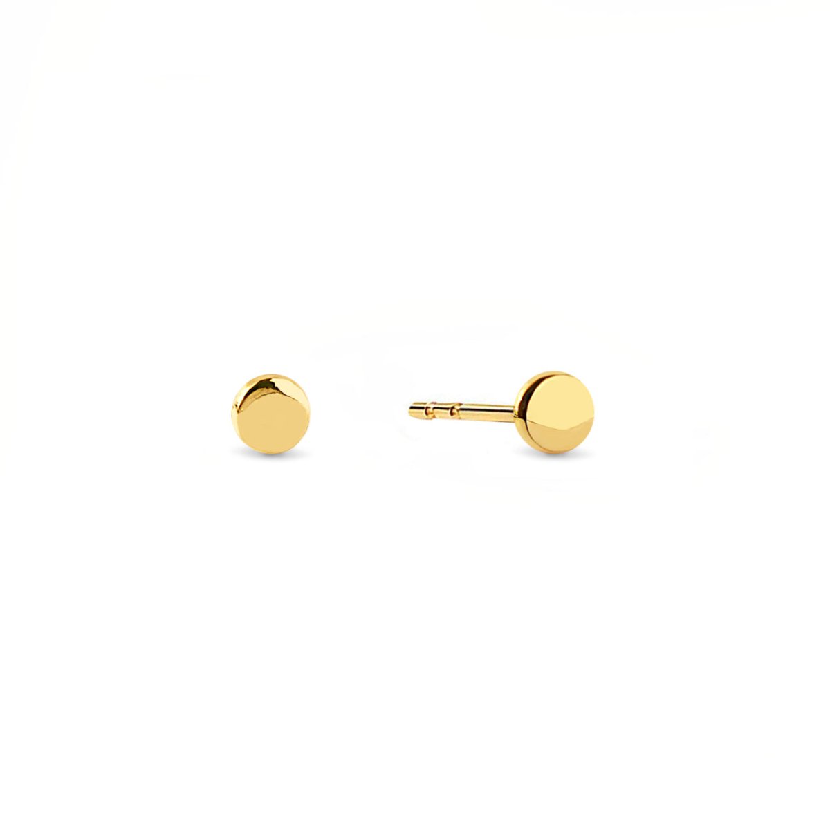 Pair of 14K gold tiny round disc studs, front and side views, on a white background