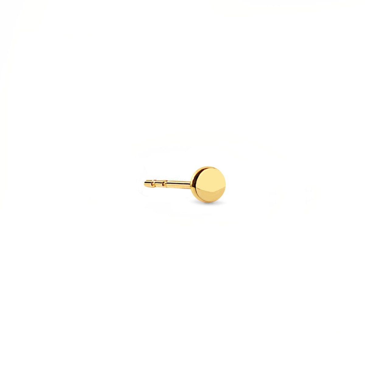 14K gold tiny round disc stud earring shown side-on, on a white background