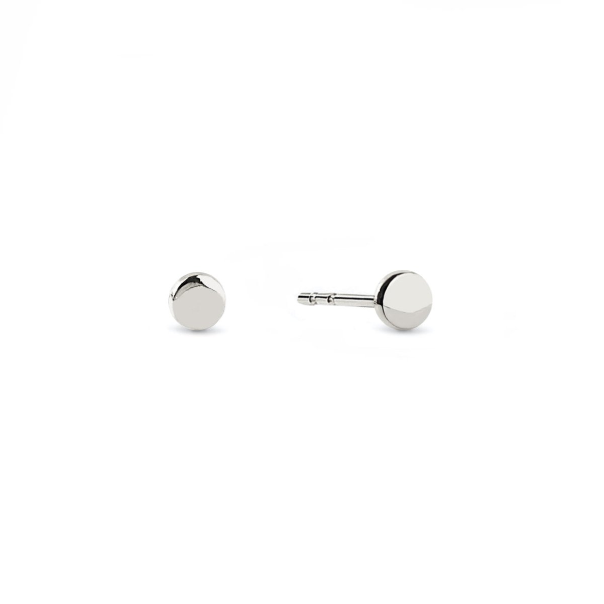 Pair of 14K white gold tiny round disc studs, front and side views, on a white background