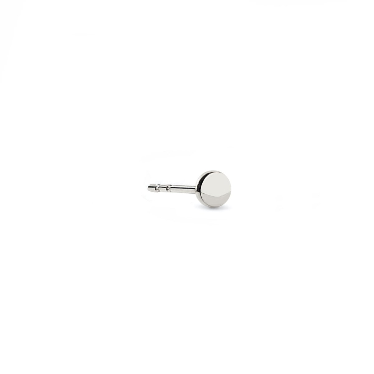 14K white gold tiny round disc stud earring shown side-on, on a white background
