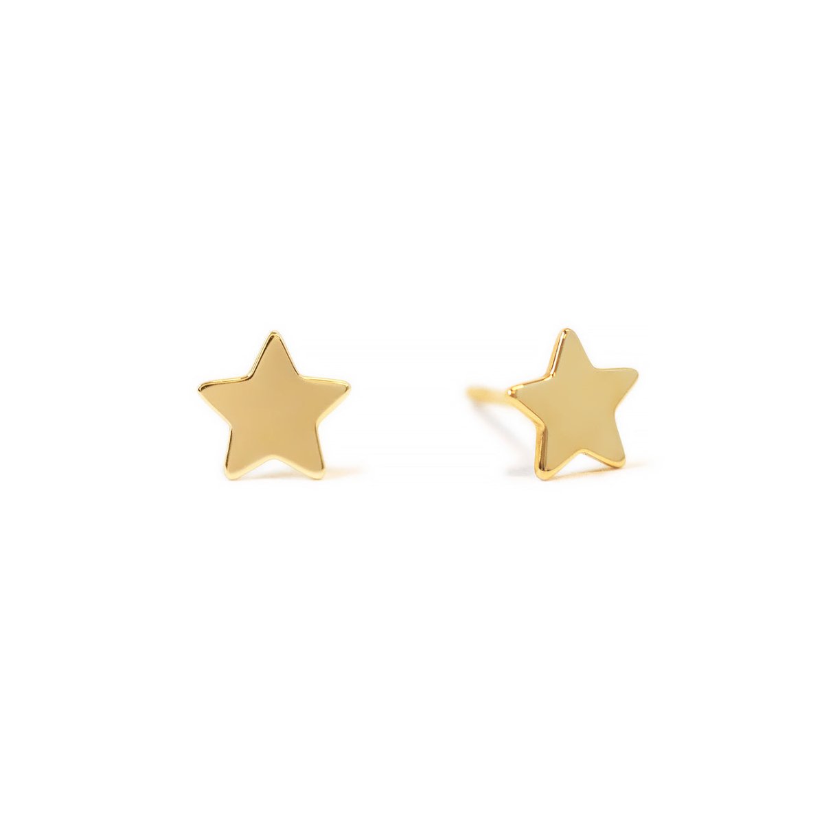 Pair of 14K gold flat star stud earrings on a white background